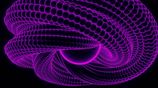 Abstrato colorido espiral torcida em forma de objeto 3D em movimento isolado em um fundo preto. Desenho. Figura giratória de pequenos círculos transformando e girando. — Fotografia de Stock