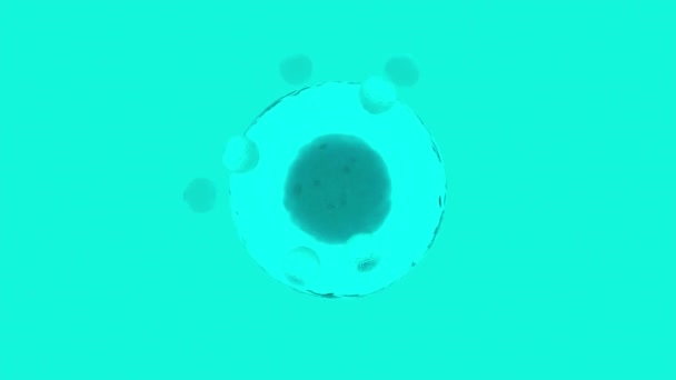Abstracte medische illustratie van een cel en bewegende deeltjes proces. Ontwerp. Donkere kern binnenin en de vloeibare transparante schil met microscopische deeltjes, concept van de biologie. — Stockvideo