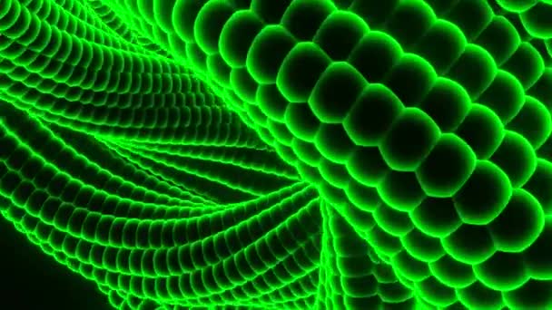 Astratto colorato contorto spirale sagomato oggetto 3D in movimento isolato su uno sfondo nero. Progettazione. Figura di rotazione da piccoli cerchi trasformando e ruotando. — Video Stock