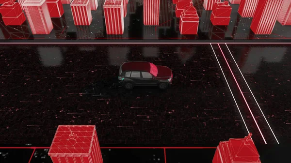 3D model of driving car in futuristic city. Motion. Animated layout of city and driving car. 3D model of driving car on background of white high-rise buildings