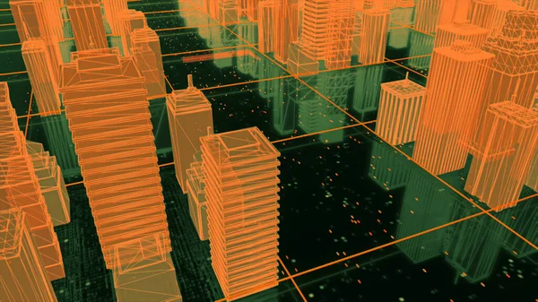 Modelo 3D de edificios en la ciudad moderna en el ciberespacio. Moción. Holografía 3D de edificios en ciudad futurista. Inmersión en modelo holográfico de ciudad con edificios y carreteras Fotos De Stock Sin Royalties Gratis