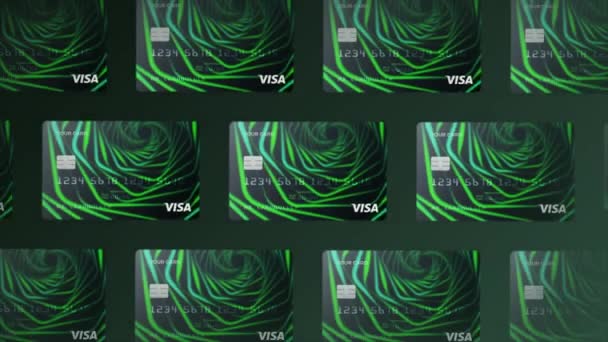 Rússia, Moscou - 10 de agosto de 2021: Projeto futurista de cartões bancários. Moção. Lote de novos cartões bancários com design elegante. Design elegante de cartões do Visa Bank — Vídeo de Stock