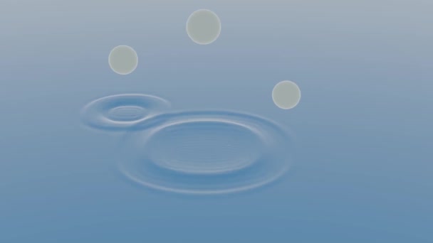 Des petites boules abstraites sautant et touchant une surface liquide avec des ondulations. Design. Petites sphères molles volant et frappant la surface de l'eau. — Video