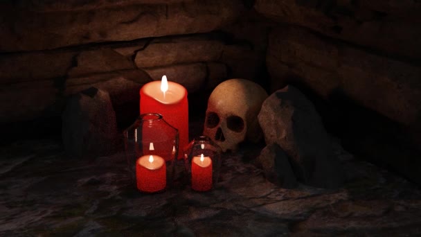 Abstrakte Halloween-Hintergrundkomposition mit Totenkopf und Kerzen. Design. Cartoon gruseligen menschlichen Schädel und brennende Kerzen, Konzept der schwarzen Magie und Mystik. — Stockvideo