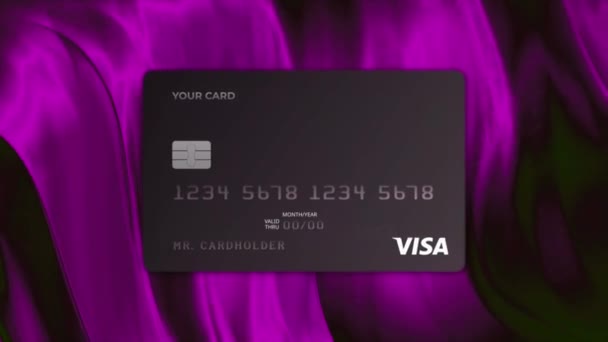 Visa bankkaarten animatie op kleurrijke achtergrond. Beweging. Online kopen en contactloos betalen concept. — Stockvideo