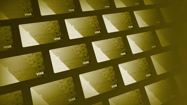 Simboli di carte di credito fluttuanti in molte righe. Mozione. Golden bel design di carte di credito moderne, concetto di shopping online. — Foto Stock