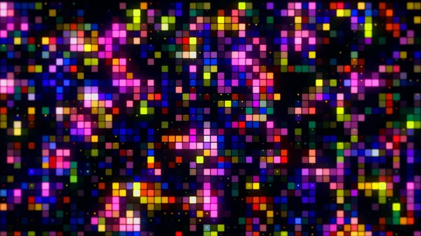 Abstrakcyjna ściana ze świecącymi i migającymi światłami przy koncepcji nocnej imprezy. - Wniosek. Miliony kolorowych świecących i mrugających kwadratowych cząstek, bezszwowa pętla. — Zdjęcie stockowe