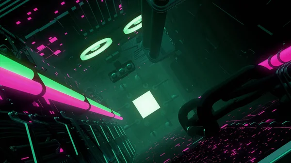 Анимация чистого и темно-футуристического фантастического ангара пришельцев. Движение. Вид изнутри тоннеля с решеткой радиатора и розовой подсветкой. — стоковое фото