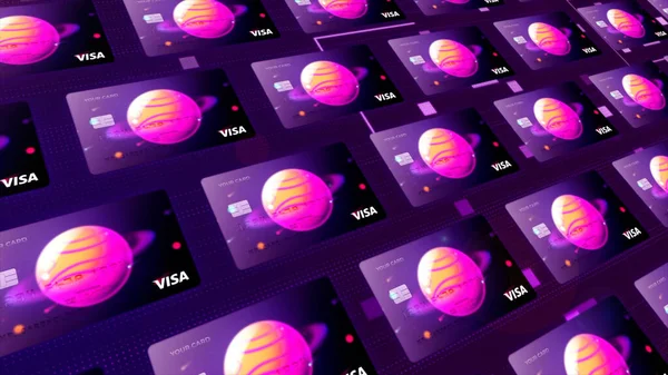 Linhas de novos cartões de crédito virtual visa banc. Moção. Projeto de cartão especial com fundo cósmico e um planeta espacial. — Fotografia de Stock