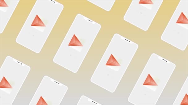 A demonstration of the mobile phone APP icon on a screen. Motion. Rows of mobile phone screen silhouettes on a colorful background. — Stock Video