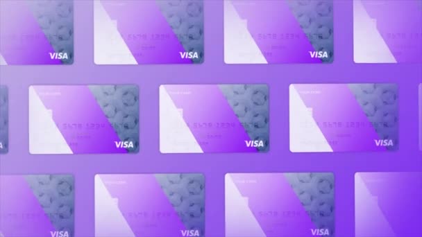 Animation der Visa-Bankkarten auf buntem Hintergrund. Bewegung. Online-Einkauf und kontaktloses Bezahlkonzept. — Stockvideo