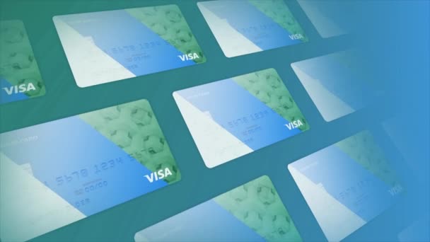 Creditcard symbolen zweven in vele rijen. Beweging. Blauw mooi ontwerp van moderne creditcards, concept van online winkelen. — Stockvideo