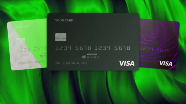 Visa animación tarjetas bancarias sobre fondo colorido. Moción. Compra en línea y concepto de pago sin contacto. — Vídeo de stock