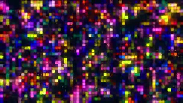 Abstracte muur met gloeiende en knipperende lichten op een concept van nachtfeest. Beweging. Miljoenen kleurrijke glanzende en knipperende vierkante deeltjes, naadloze lus. — Stockvideo