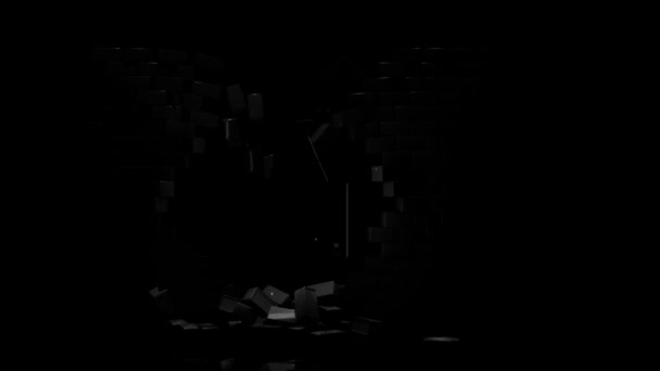 어두운 벽돌 벽을 깨는 것, 재건의 개념, 단색입니다. 디자인. 건물의 붕괴를 보여 주는 흑백 사진. — 비디오
