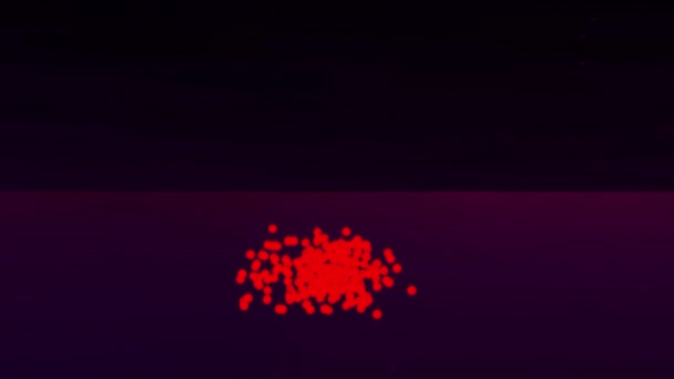 Abstract swarm of red particles spreading and reflecting on the opposite side of a screen. Design. Many colorful spots forming a cloud and rotating on a dark background. — Stock Video