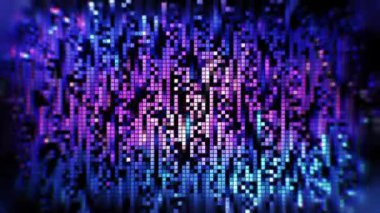 Siyah arkaplanda pikselli yağmur. Hareket. Renkli pikseller yağmur akıntısında aşağı hareket eder. Yağmurun etkisiyle renkli piksellerin parlak arkaplanı