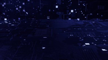 Etkileyici animasyon, bilgisayardaki bir anakartın veri akışını gösteriyor. Hareket. Devreler ve elektronik bileşenler arasındaki vurgulanmış işlemci, dijital iletişim kavramı.