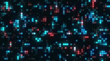 Gece partisi konseptinde parlayan ve yanıp sönen ışıkların olduğu soyut bir duvar. Hareket. Milyonlarca renkli parlayan ve yanıp sönen kare şeklindeki parçacıklar, kusursuz döngü.