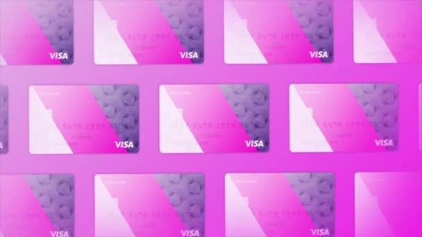 Argent, finance, concept de paiement, animation 3D avec de nouvelles cartes de crédit visa. Motion. Présentation d'un nouveau design coloré de cartes de crédit. — Video