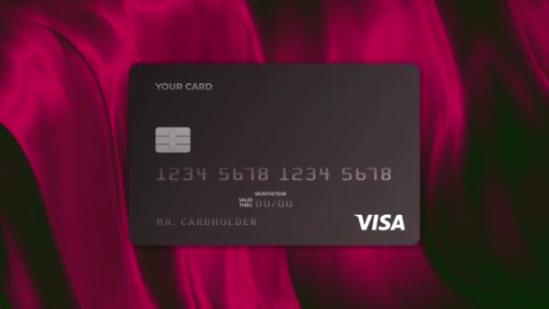 Dinero, finanzas, concepto de pagos, animación 3D con nuevas tarjetas de crédito Visa. Moción. Presentación de un nuevo diseño colorido de tarjetas de crédito. — Vídeo de stock