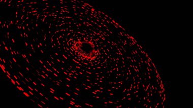 Siyah arkaplan üzerinde dönen soyut uzay diski. Tasarım. Parçacıklardan oluşan hızlı dönen disk. Parlak parçacıklar kara delik etrafında disk akışında hareket ederler