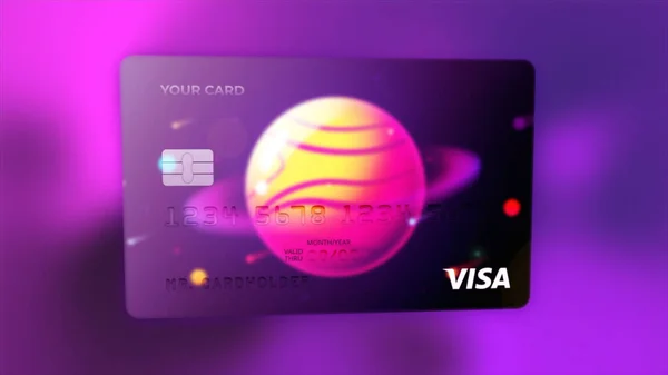 Rússia, Moscou - 10 de agosto de 2021: Bank Card Designs. Moção. Novo belo design de cartão bancário em estilo cósmico. Planeta colorido é retratado no mapa do Banco Visa — Fotografia de Stock