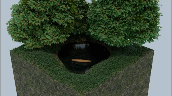 Abstract fragment of a city park on a small scale with a lush tree and a small pond. Design. Tiny water reservoir with a floating boat under the green bush. — Stock Photo, Image