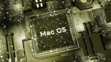 24 Temmuz 2019: 4k MacOS sözcüğü Apple şirketi marka logo etiketi, ikili bilgisayar kodu. Matrix ikili metin tasarım animasyonu, sıfırdan bir basamağa, soyut teknoloji arka planına geçiş. 