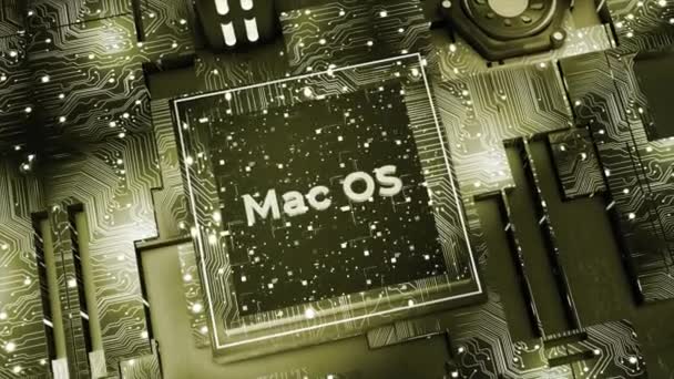 24 Temmuz 2019: 4k MacOS sözcüğü Apple şirketi marka logo etiketi, ikili bilgisayar kodu. Matrix ikili metin tasarım animasyonu, sıfırdan bir basamağa, soyut teknoloji arka planına geçiş. — Stok video