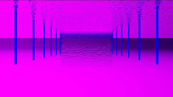 Hermoso lago abstracto con ondulaciones al revés y dos filas de pilares azules que conducen a una pared de agua. Diseño. Concepto de alucinaciones, ondulación del río rosa e inusual vertical transparente — Foto de Stock