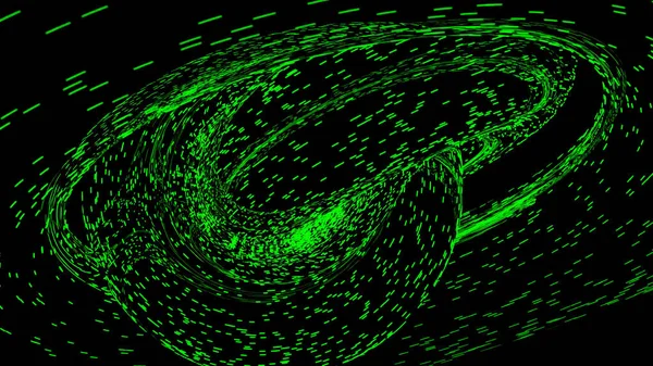 カラフルな小さな粒子の外側の空間の回転とねじれオブジェクト。デザイン。黒い背景に宇宙塵を曲げ、動かし、シームレスなループ. — ストック写真