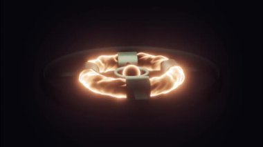 Siyah metal halkanın içinde parlayan parlak dairesel şekiller. Tasarım. Siyah bir zemin üzerinde enerji halkasıyla çevrili dönen yanan çekirdek, kusursuz bir döngü.