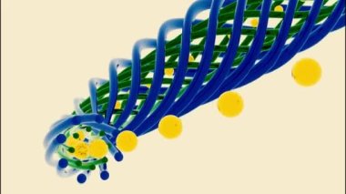 Beyaz bir arkaplanda soyut hareket eden spiral şekilli nesne. Tasarım. Bükülmüş çizgiler içinde uçan küreler olan bir tüp oluşturuyor..