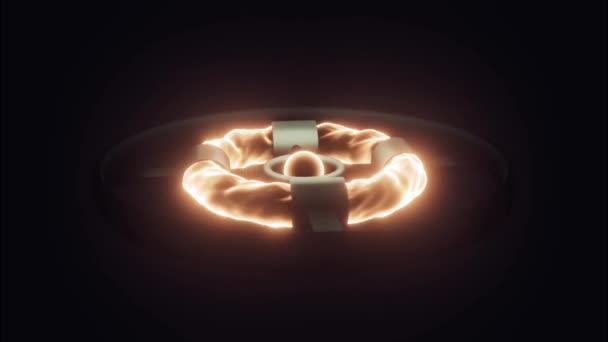 Brillantes formas circulares de fuego dentro del anillo de metal negro. Diseño. Núcleo ardiente giratorio rodeado de anillo de energía sobre un fondo negro, lazo sin costuras. — Vídeos de Stock