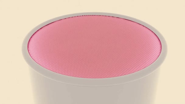 Primer plano de sustancia rosa granulada abstracta dentro de un depósito blanco de plástico aislado sobre un fondo blanco. Diseño. Ondas raras en una superficie de sustancia rosa pegajosa que parece un helado de fresa. — Vídeos de Stock
