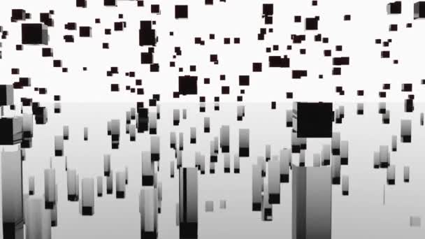 Lot of cubes in computer space with reflection. Design. Cubes rise up in stream on isolated background. Lot of black cubes move and are reflected in parallel world — Stock Video