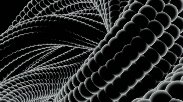 Анімація сфер, зібраних у спіральній формі, скручується на чорному тлі, монохром. Дизайн. Чорно-біла фігура з ядром посередині оточена згином 3D спіралі, безшовна петля . — стокове фото