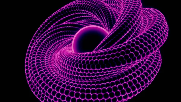 Animação de esferas montadas em forma de espiral torcendo em um fundo preto. Desenho. Figura colorida com um núcleo no meio cercado por dobra espiral 3D, loop sem costura. — Fotografia de Stock