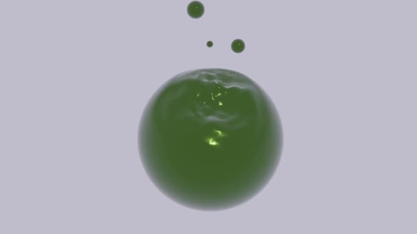 Abstrato vibrando 3D figura em forma redonda consumindo gotas menores. Desenho. Bola verde líquida com ondulações isoladas em um fundo branco. — Vídeo de Stock