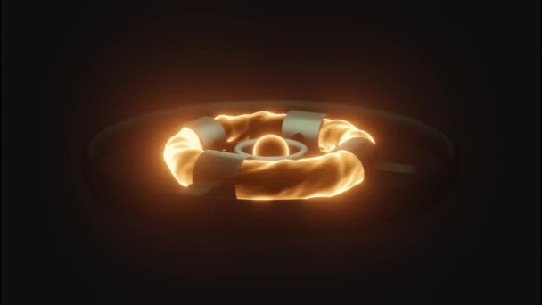 Brilhante fogo brilhante formas circulares dentro do anel de metal preto. Desenho. Núcleo de queima rotativa cercado por anel de energia em um fundo preto, loop sem costura. — Vídeo de Stock