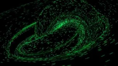 Dış uzayda dönen ve bükülen renkli küçük parçacıklar. Tasarım. Siyah bir zemin üzerinde uzay tozunu bükmek ve hareket ettirmek, kusursuz döngü.