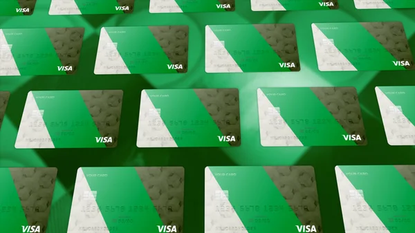 ロシア、モスクワ- 2021年8月10日:銀行カードの多く。動きだ。新しい銀行カードの美しくスタイリッシュなデザイン。ビザから銀行カードの外部デザイン。銀行カードのシンプルかつスタイリッシュなデザイン — ストック写真
