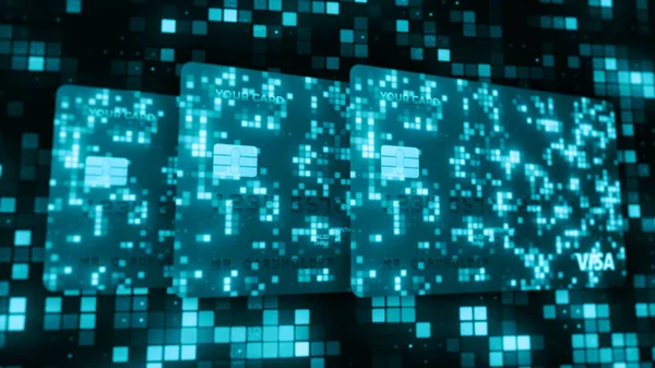 Rusya, Moskova - 10 Ağustos 2021: parlak banka kartı tasarımı. Hareket. Banka kartlarının yeni parlak tasarımı. Visa banka kartında parlak piksellerle gelecek tasarımı