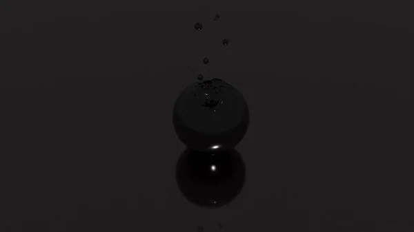 Czarne krople spadające na ciecz ciemnej kuli na szarym tle, płynna pętla. Projektowanie. Substancja lepka w okrągłym kształcie absorbująca spadające krople. — Zdjęcie stockowe