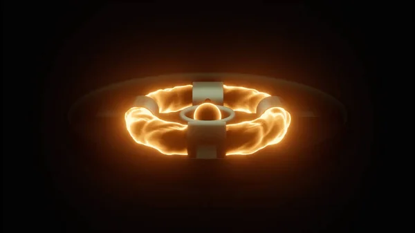 Brilhante fogo brilhante formas circulares dentro do anel de metal preto. Desenho. Núcleo de queima rotativa cercado por anel de energia em um fundo preto, loop sem costura. — Fotografia de Stock
