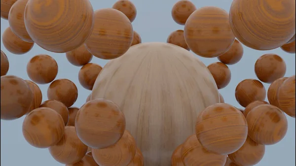 Primer plano de la esfera marrón de madera que cae dentro de la caída a pedazos figura de pequeñas bolas. Diseño. Forma de bolas destruyendo con un efecto inverso en movimiento. Fotos De Stock