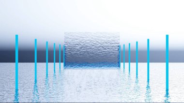 Dalgalanma ve iki sıra mavi sütunlu soyut güzel göl bir su duvarına çıkıyor. Tasarım. Sakin ve barış kavramı, sallanan nehir ve alışılmadık dikey şeffaf sıvı duvar.