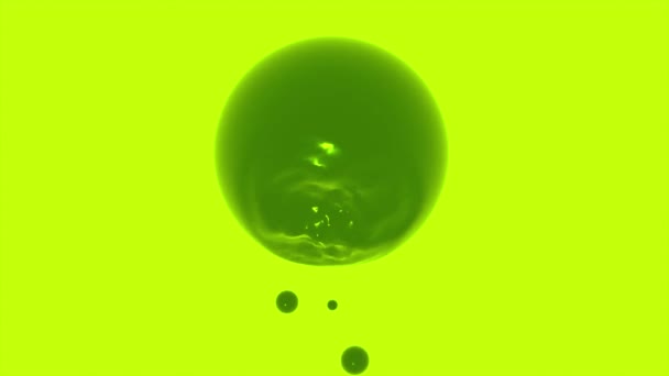 Abstrakt vibrerande 3D runda figur konsumerar mindre droppar. Design. Flytande grön boll med ringar isolerade på en gul bakgrund. — Stockvideo