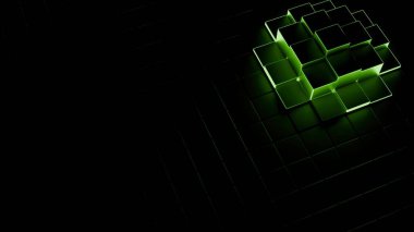 Pulsating green light emanates from an abstract structure of cubes on a dark surface